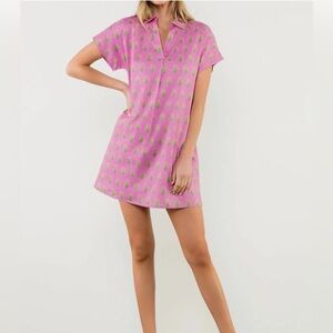 THML short-sleeve collared dress in a vibrant pink and yellow floral
